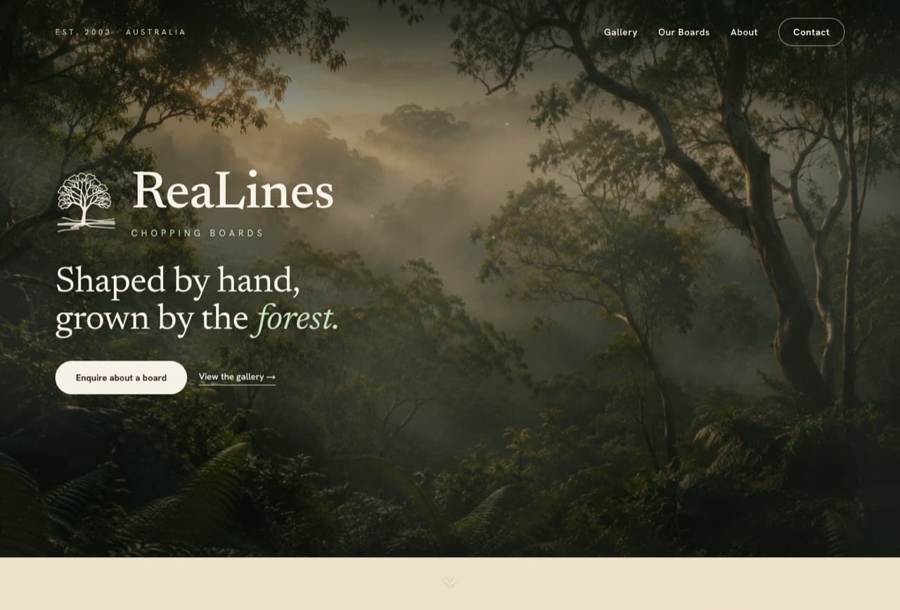 The ReaLines homepage: a forest photograph behind the wordmark and the line “Shaped by hand, grown by the forest.”